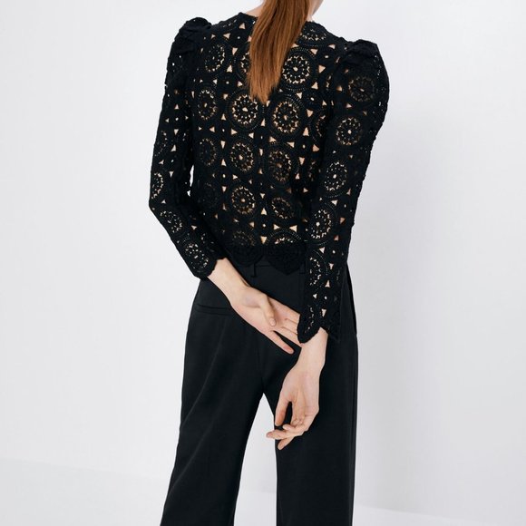 ZARA Crochet Textured weave top with voluminous/puff sleeves - Picture 6 of 9